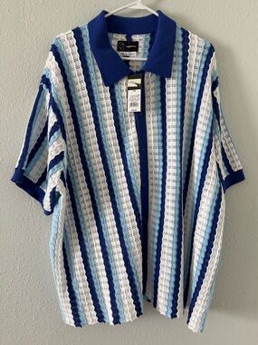 Original Use Blue and White Vertical Striped Knit Polo